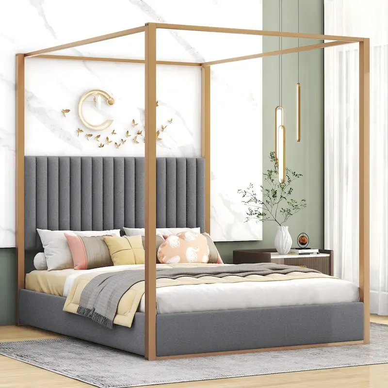 Queen Linen Canopy Bed with Headboard and Metal Frame