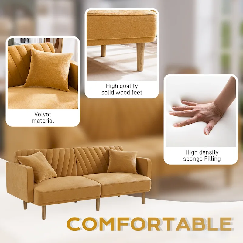 Upholstered Tufted Convertible Futon Sofa Bed, Velvet Sleeper Couch, 3 Seater Tufted Sofa with Adjustable Backrests