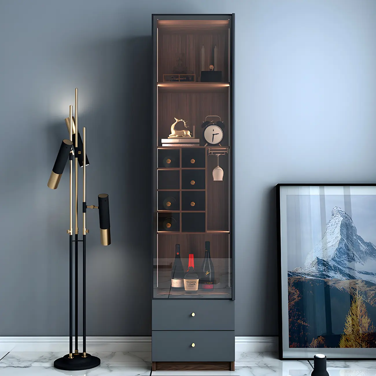 Amber Glass Door Wood Display Cabinet with Wine Storage