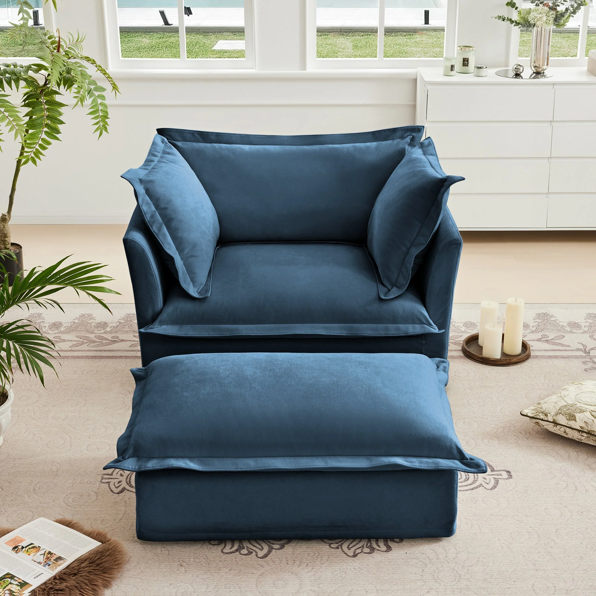 Walker Edison | Cloud Slipcovered Blue Armchair with Ottoman