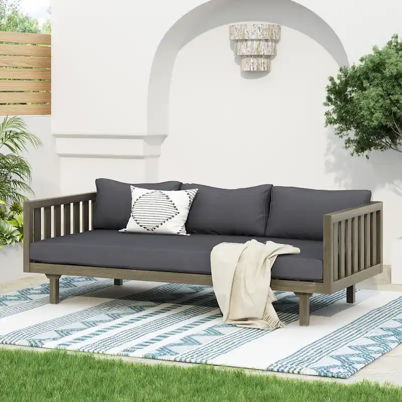 Daybed 3-Seater Slat Design Acacia Wood Waterproof Fabric Outdoor Lounger