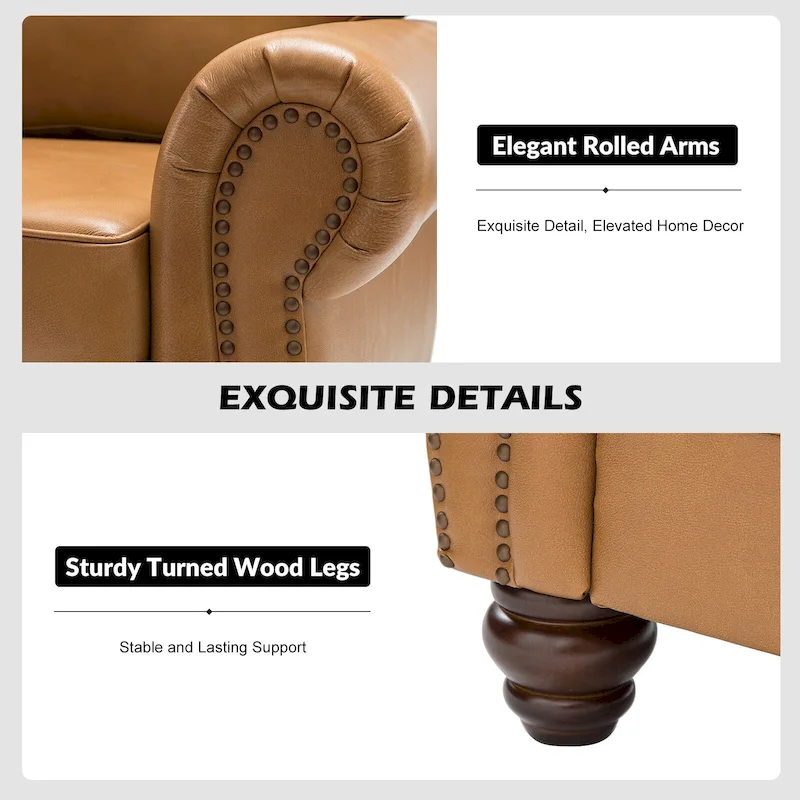 Balvino 81 Wide Transitional Genuine Leather Rolled Arm Sofa with Nailhead Trim and Removable Cushions