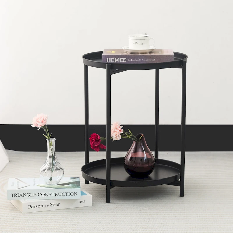 Adeco Side Table 2-Tier Metal Round End Table with Removable Tray - 17.5