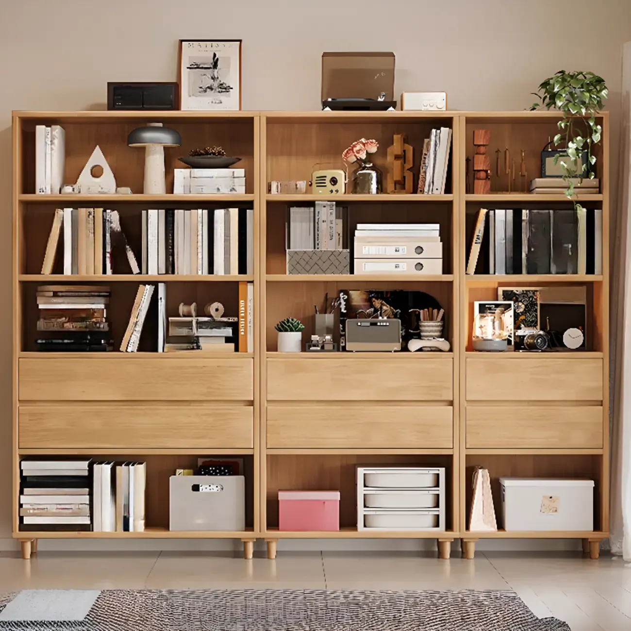 Spacious Versatile Vertical Brown Wood Bookcase with Drawers
