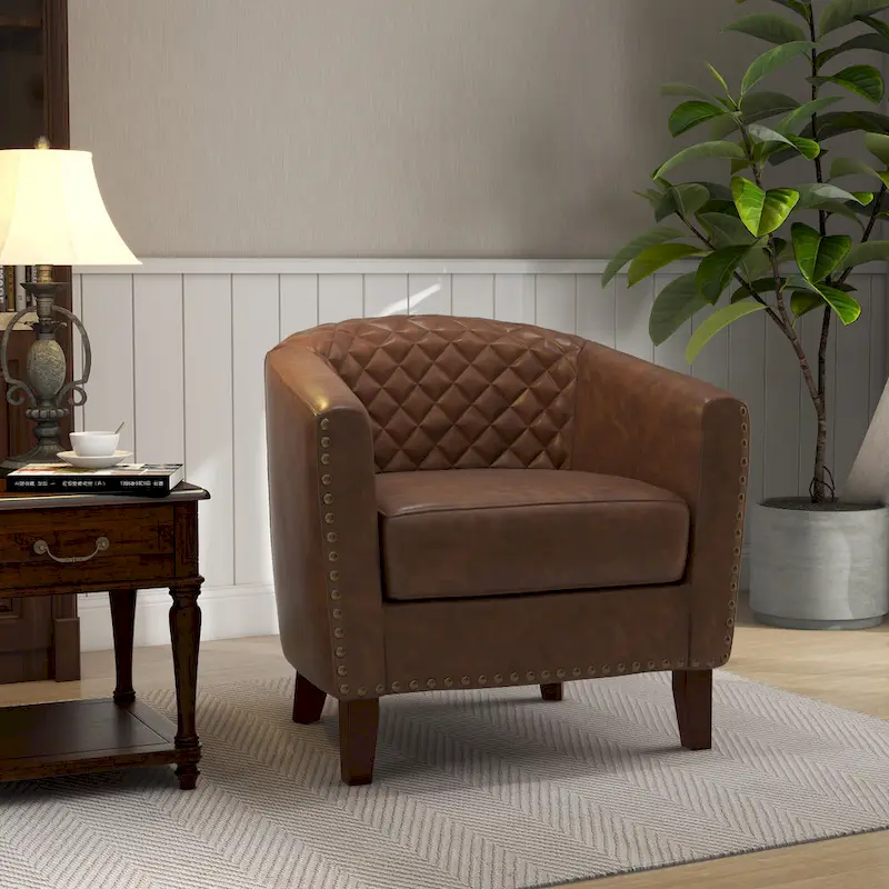 Barrel Accent Chair PU Leather with Nailhead Trim