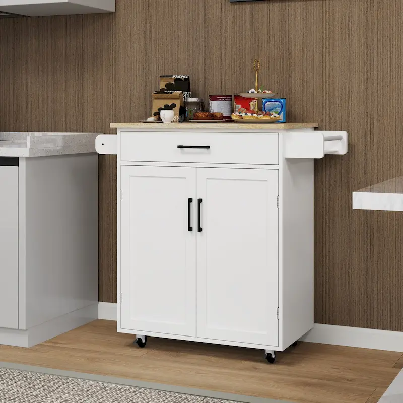 Kitchen Island Rolling Trolley Cart with Drawer, Doors, Storage Racks, Adjustable Shelves