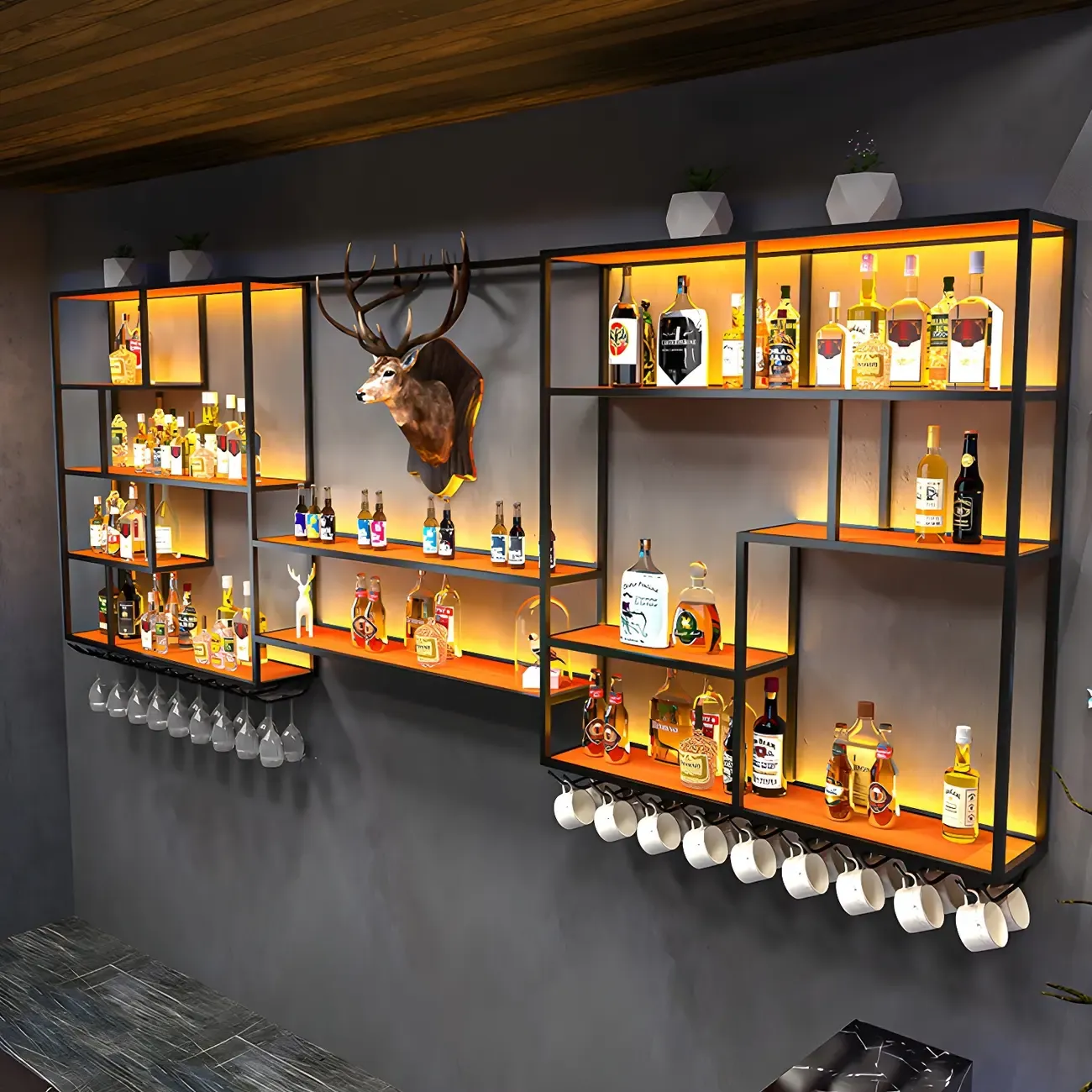 Black Metal Wall-Mounted Wine Rack with Stemware Holder