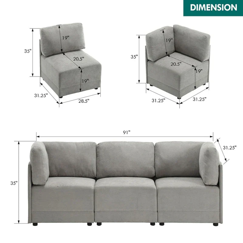 Modern Modular 3 Piece Reversible Sectional Linen Sofa Couch Optional in Free Combination