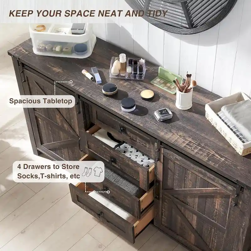 Farmhouse Dresser with 4 Drawers & 2 Sliding Cabinets, Dark Rustic Oak/Antique White/Barnwood