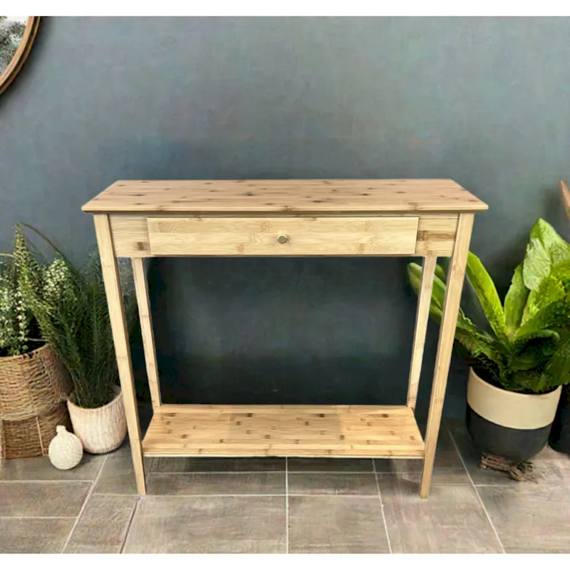 Solid Bamboo 2-Tier Console Table with Drawer