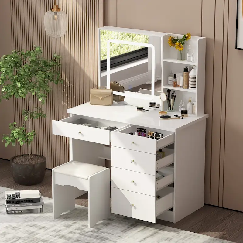 39.4Wide Makeup Vanity Set with Stool and 3 Color Touching Mirror - 39.4W