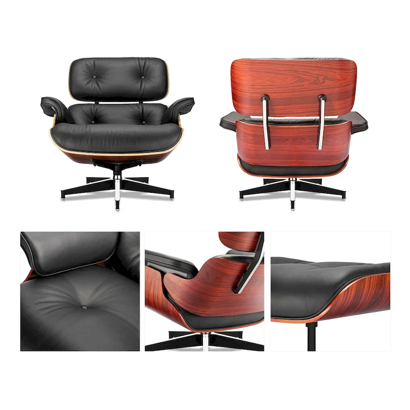 Mid-century Full Grain Leather Accent Chaise Lounge Chair and Ottoman