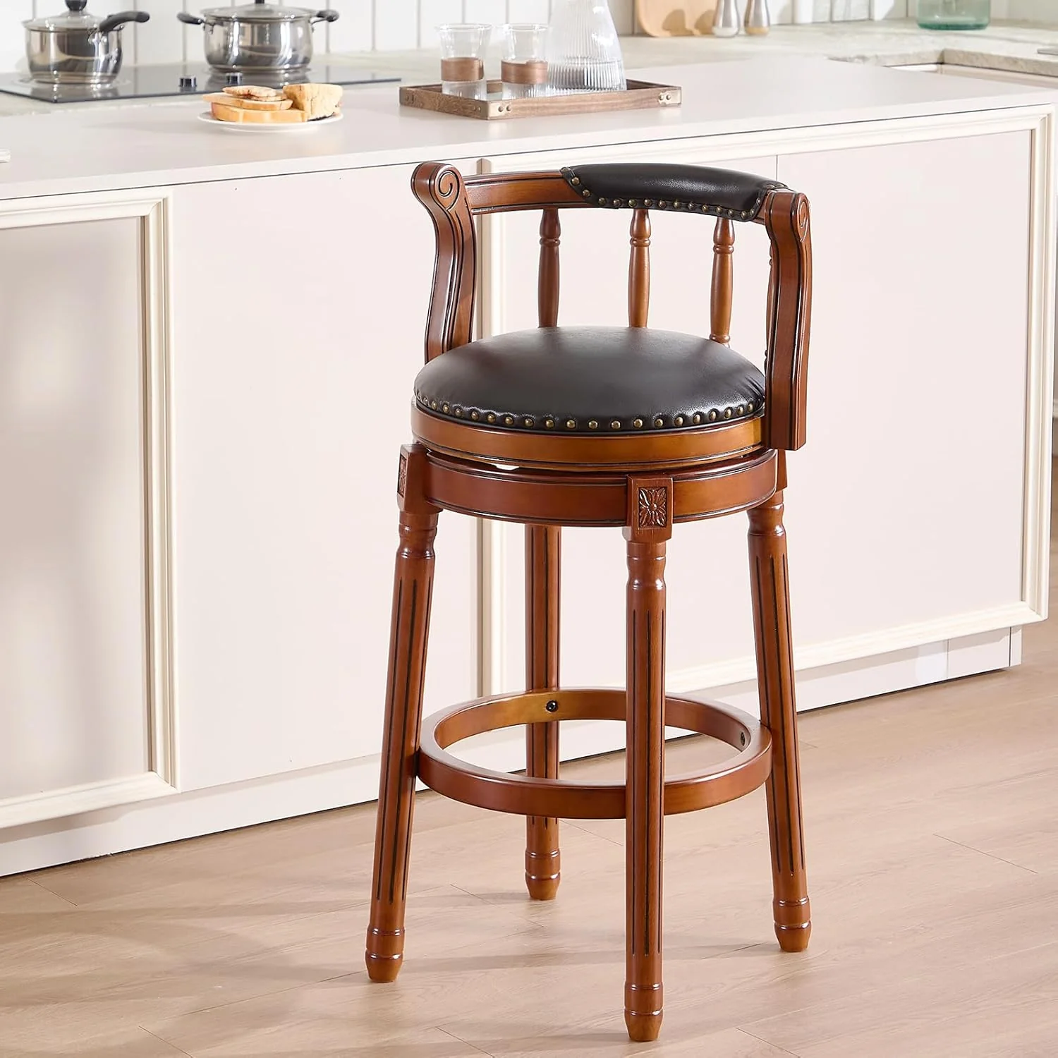 Swivel Counter Height Bar Stools in Genuine Leather & Walnut Solid Wood