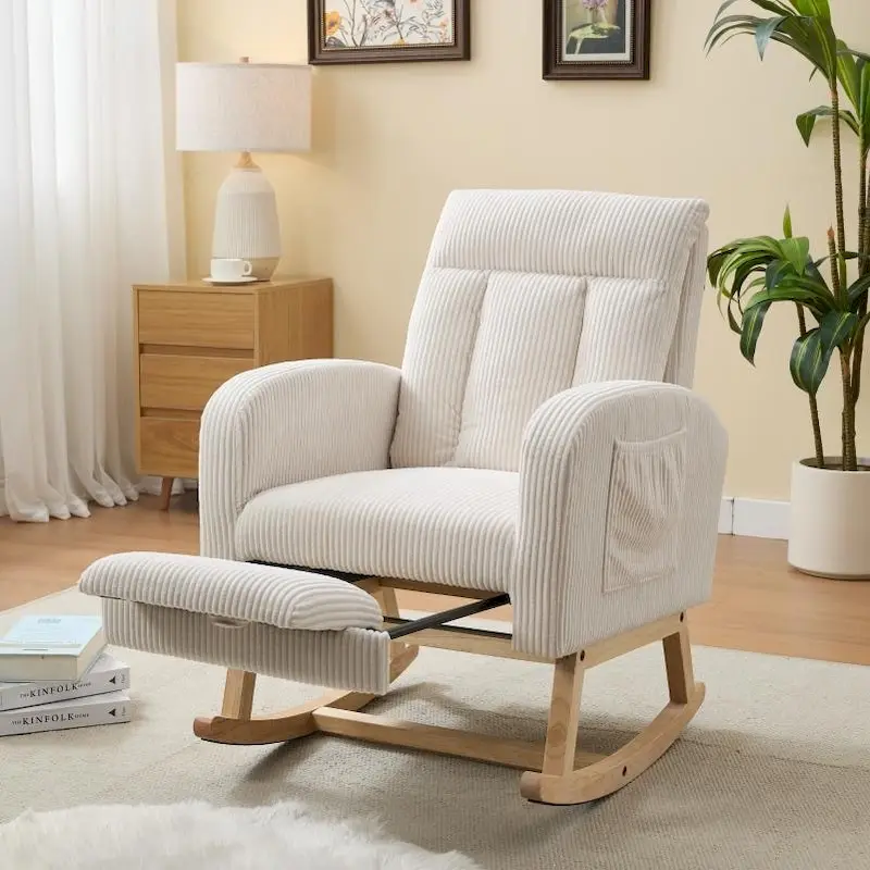 Accent Rocking Chair with Solid Wood Legs, Upholstered Nursery Glider Rocker, Comfy Armchair with Side Pocket