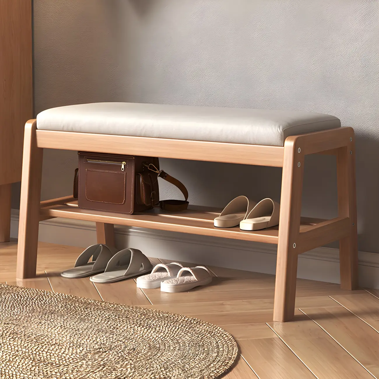 Entryway Solid Wood Cushioned Trapezoid Shoe Bench