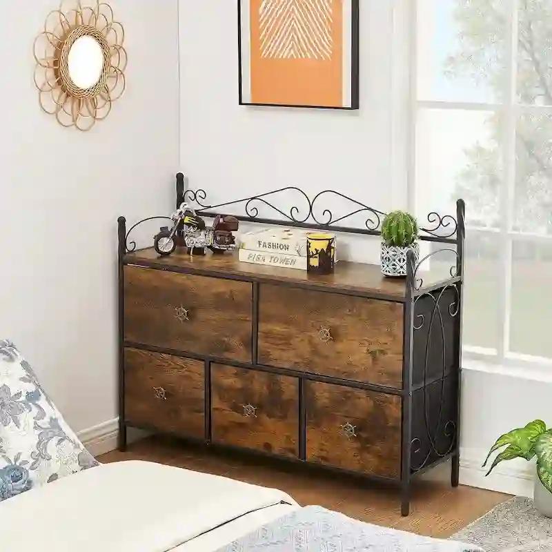 4-Pieces Bedroom Set with Drawer and Nightstands Set of 2, 5-Drawer Dresser, Brown/Grey Set