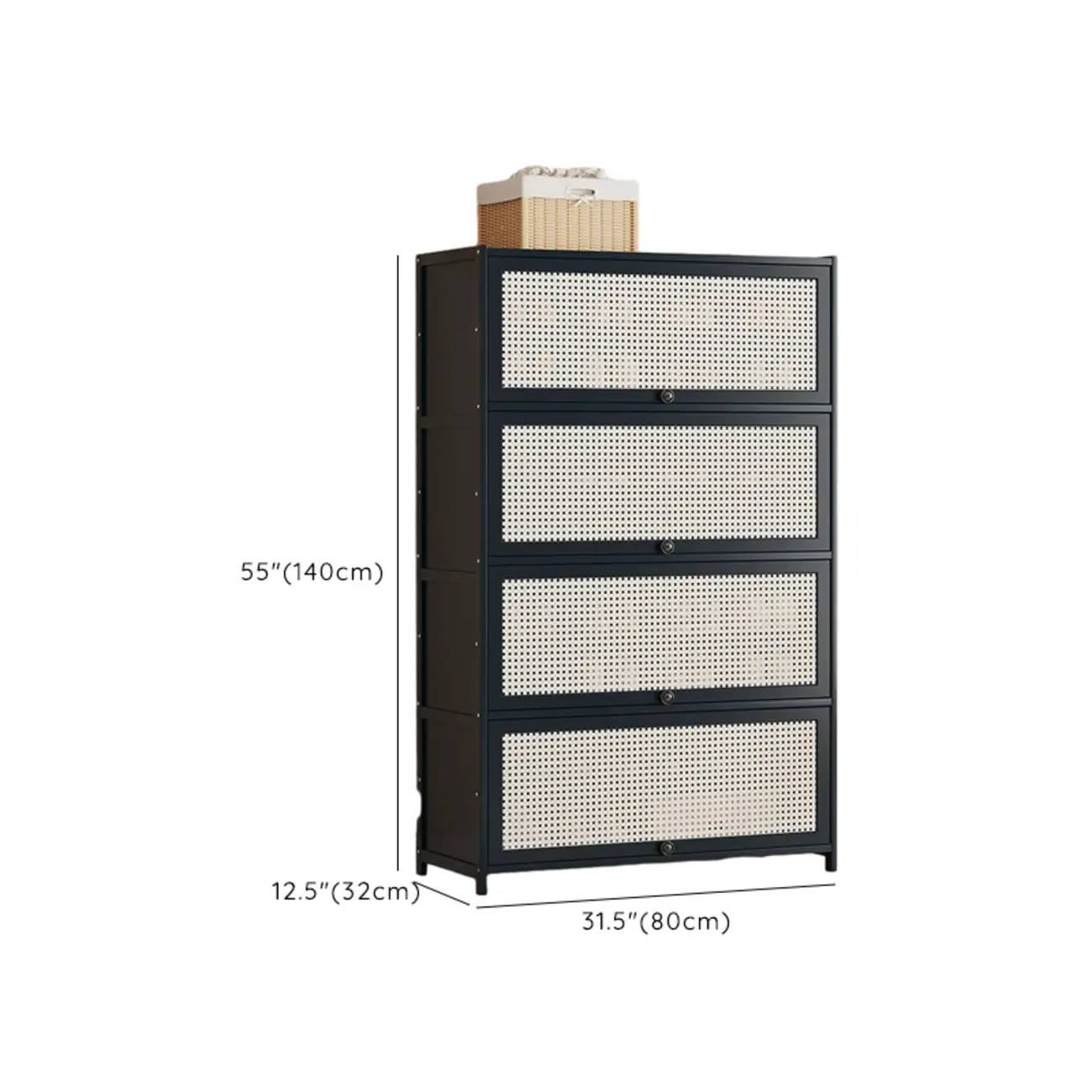 Modern Black Bamboo Shoe Cabinet with Rattan Panels