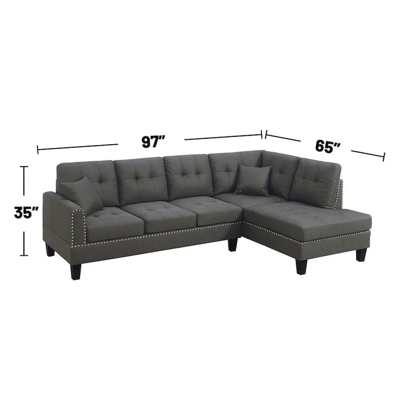 2 Piece Linen-like Fabric Sectional Sofa Set with 2 Accent Pillows