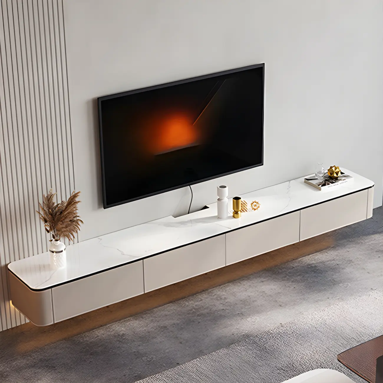 79 4-Drawer White Stone Floating Cable Management TV Stand