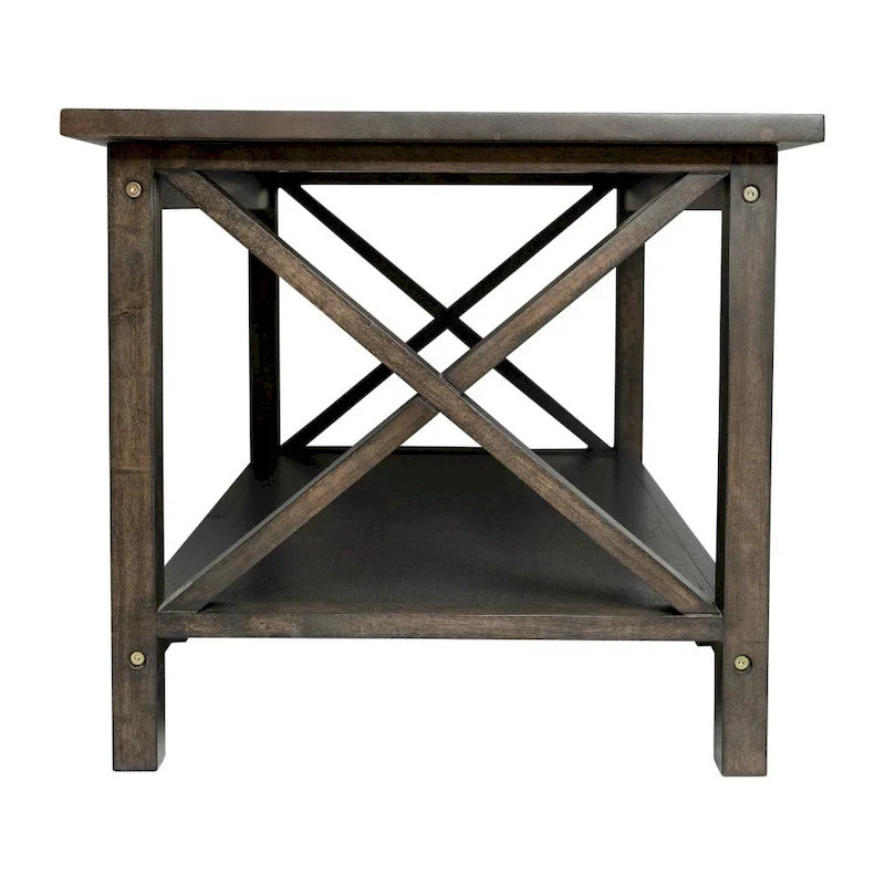 Farmhouse X-Frame Coffee Table with Shelf, Acacia Gray/Dark Gray/Walnut, Solid Wood