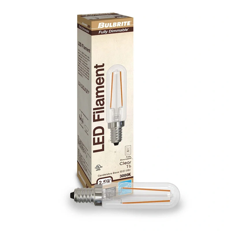 Bulbrite Pack of (4) 2.5 Watt Dimmable Clear Filament T6 Candelabra (E12) LED Bulb