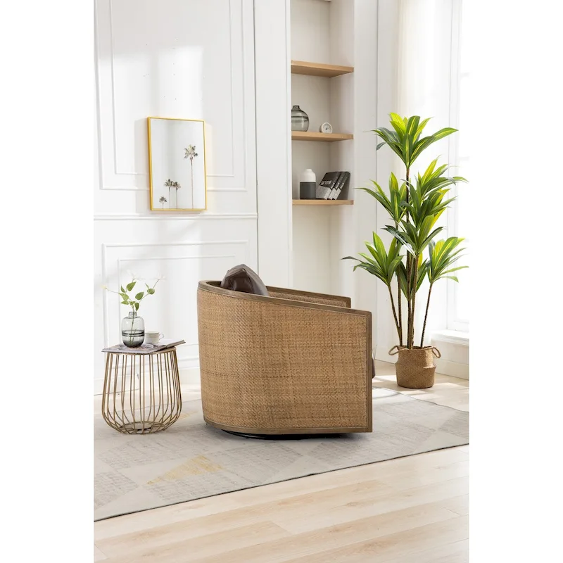 Swivel Barrel Chair, Comfy Round Accent Chair, 360 Degree Swivel Barrel Club Chair, Leisure Arm Chair with Rattan Woven Frame