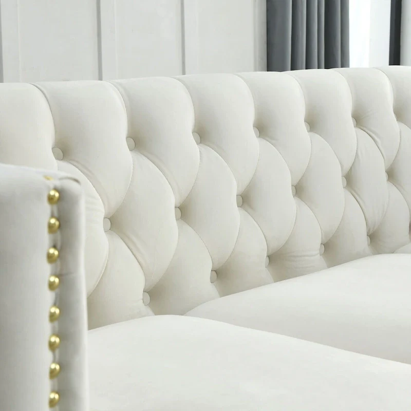 Velvet Upholstered 3 Seat Sofa, Classic Chesterfield Couch Buttons Tufted Square Arm Sofa with Nailheads and Metal Legs
