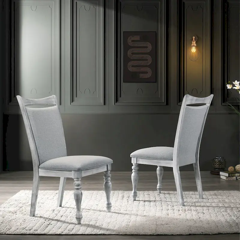 5-Piece Dining Set, Round Pedestal Table with 4 Chairs, Weathered White and Gray