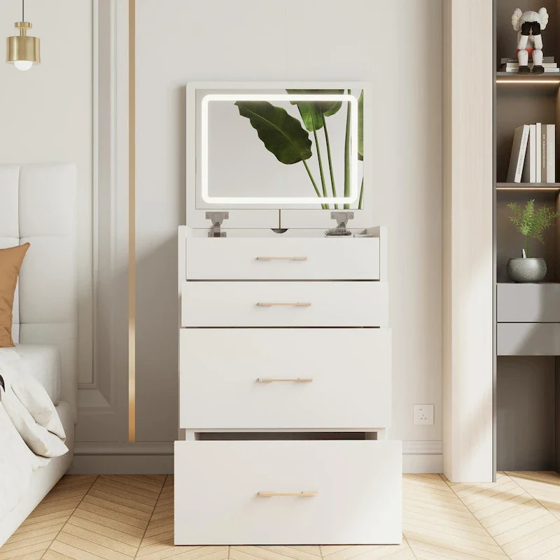 23.6 Makeup Vanity Table with Flip Top Lighted, 3 in 1 Vanity Desk with Glass, LED Light & Power Outlet, 3 Drawers