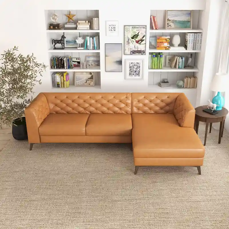 Florentina Modern Chesterfield Tufted Living Room Top Leather Corner Sectional Sofa in Cognac Tan