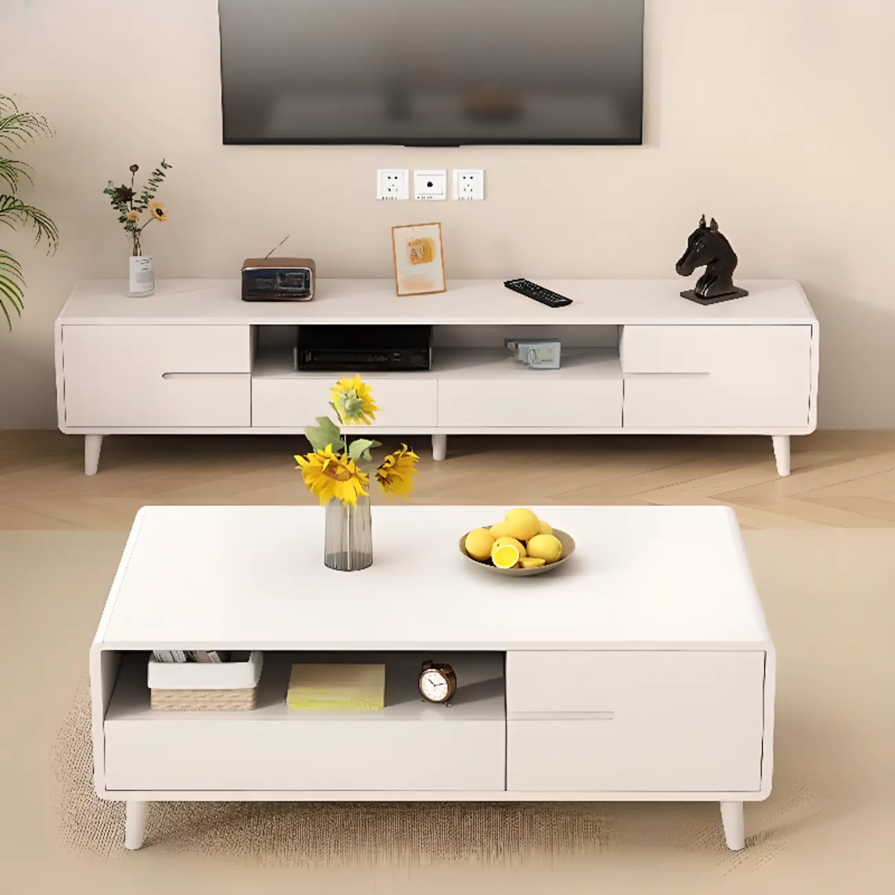 White Wooden Modern TV Stand with Drawers & Cabinets