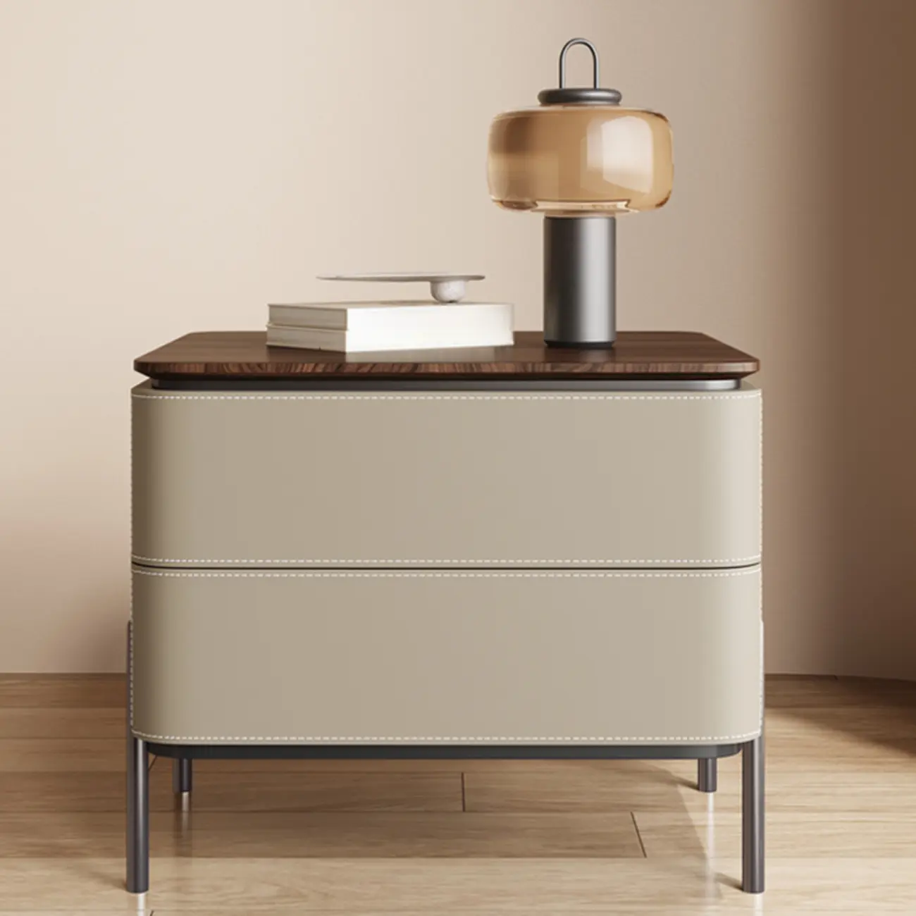Modern Wood Top Leather Drawer Nightstand Including Metal Legs
