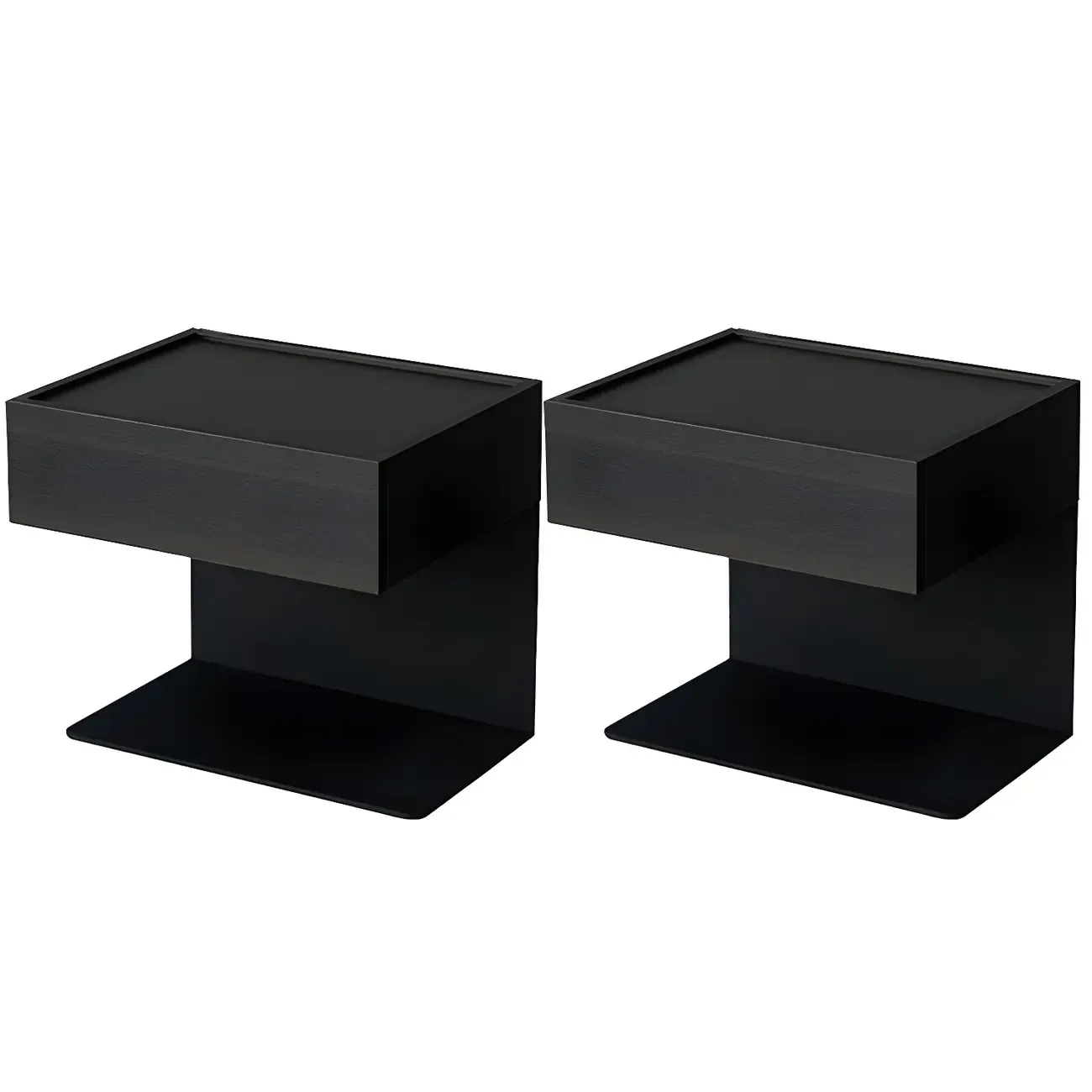 Black Steel Wood C-Shaped Drawer Nightstand with Light