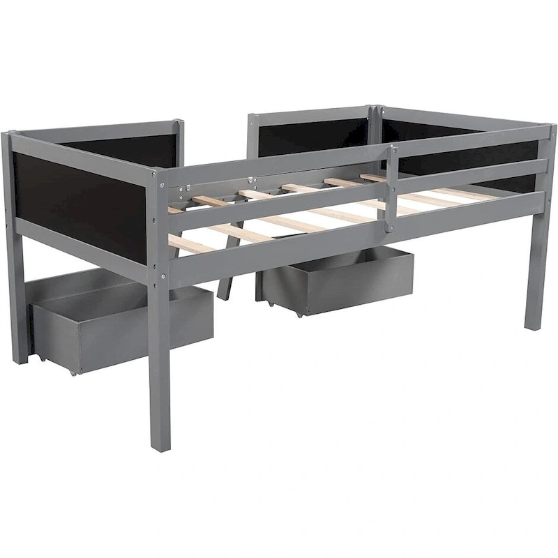 Twin Size Wood Loft Bed with 2 Storage Drawers & Chalkboard