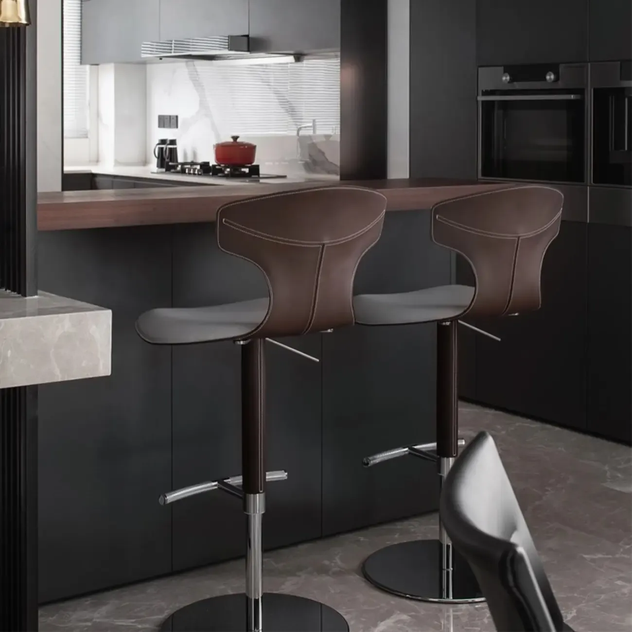 Minimalist Beige Leather Saddle Bar Stools