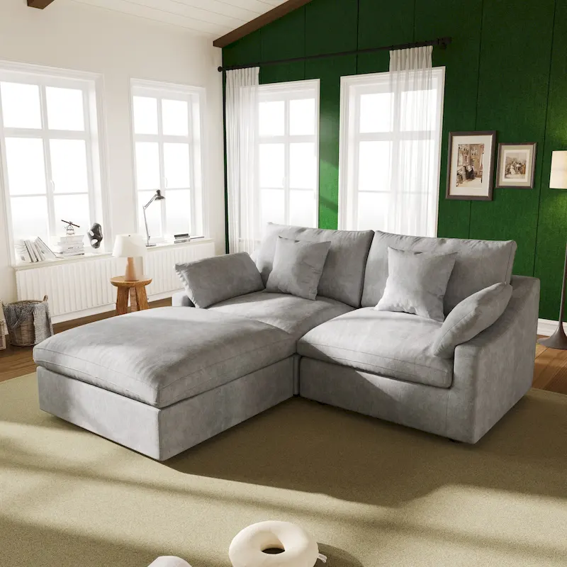 82.68 Down Filled Sectional Couch L-shape Linen Upholstered Loveseat with Ottoman