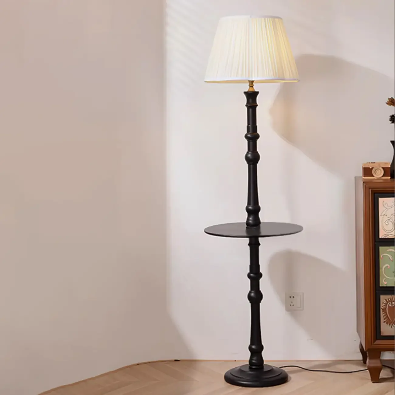 Elegant Wooden Floor Lamp with Shelf and Fabric Shade