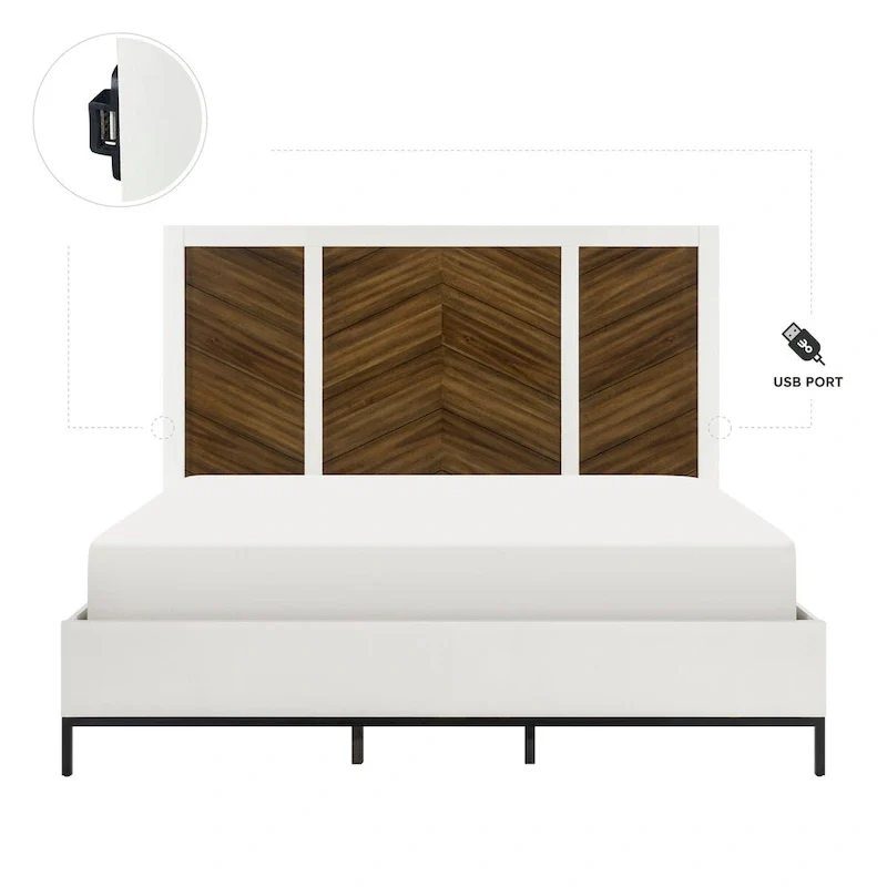 White and Walnut Finish 1pc Bed Chevron Pattern Headboard