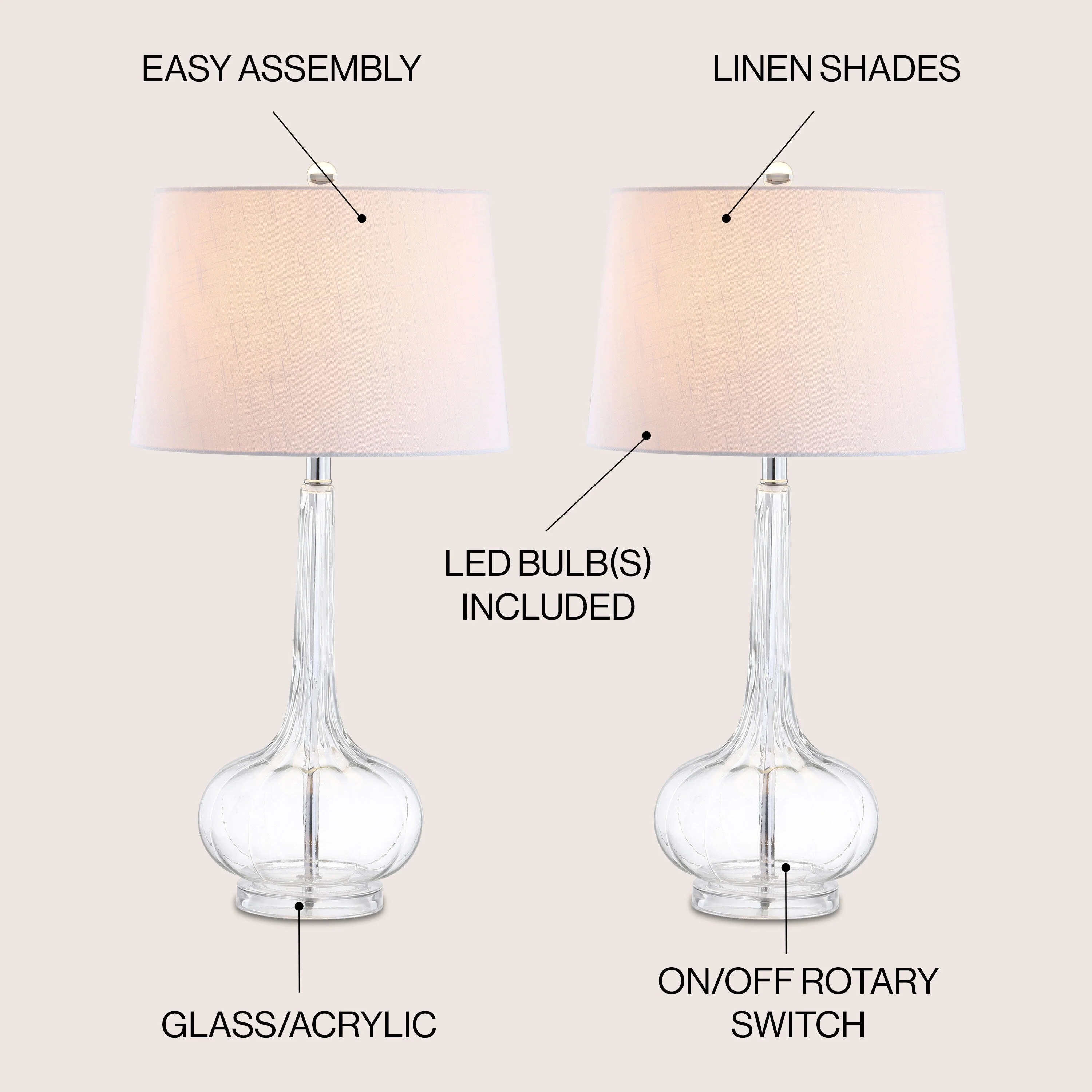 Diamante 28.5 Glass Teardrop LED Table Lamp, Pink (Set of 2) by JONATHAN Y