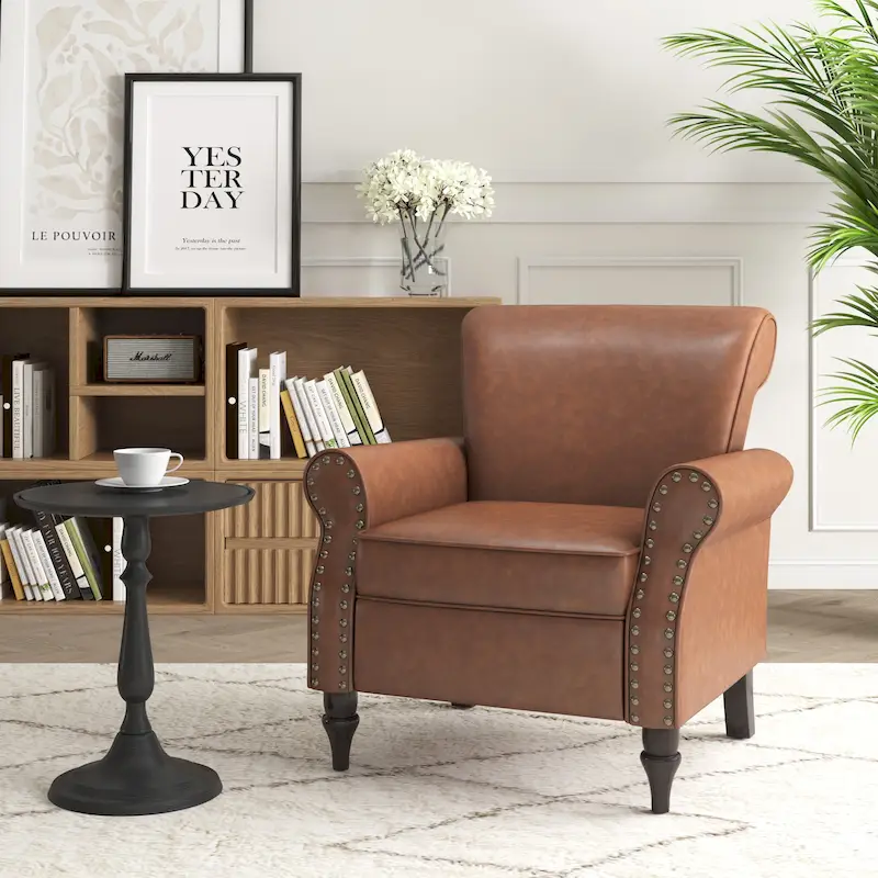 Rolled Armrests PU Accent Chair with Nailhead Trim