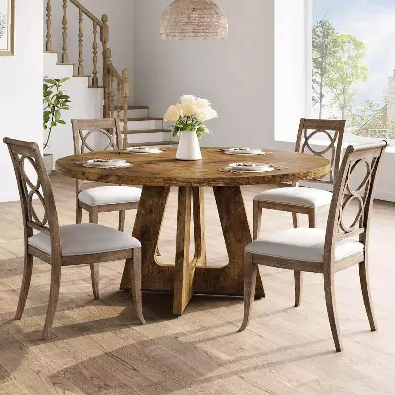 Round Farmhouse Dining Table for 4-6  Wooden Top and Legs, Perfect for Home Dining Room or Living Room