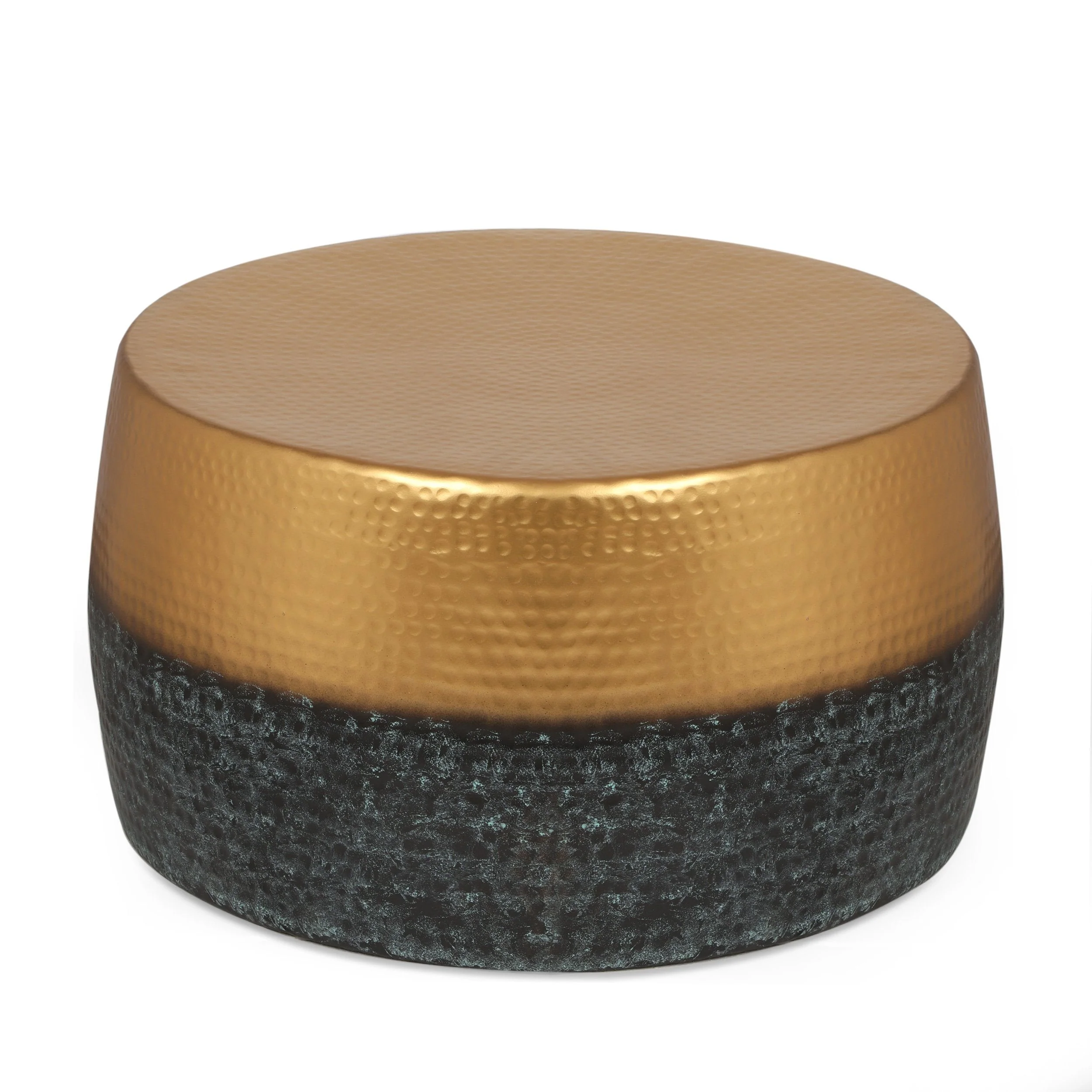 Modern Handcrafted Two-Toned Aluminum Drum Coffee Table, Brass and Patina Blue - NH220513