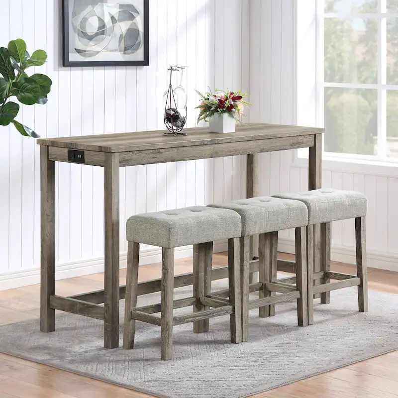 Bar Dining Table Set and 3 Bar Stools with Power Outlet Kitchen Breakfast Nook Wooden Dining Table Chairs Sets