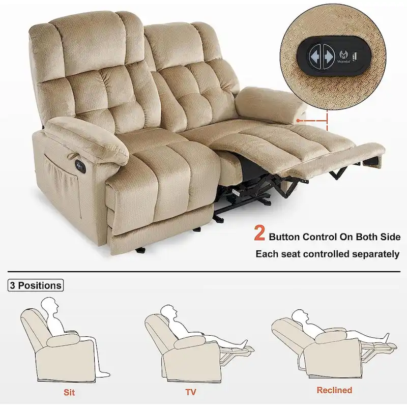 Power Reclining Loveseat, Red/Grey/Beige/Blue/Brown, Heat & Massage, Seats 2