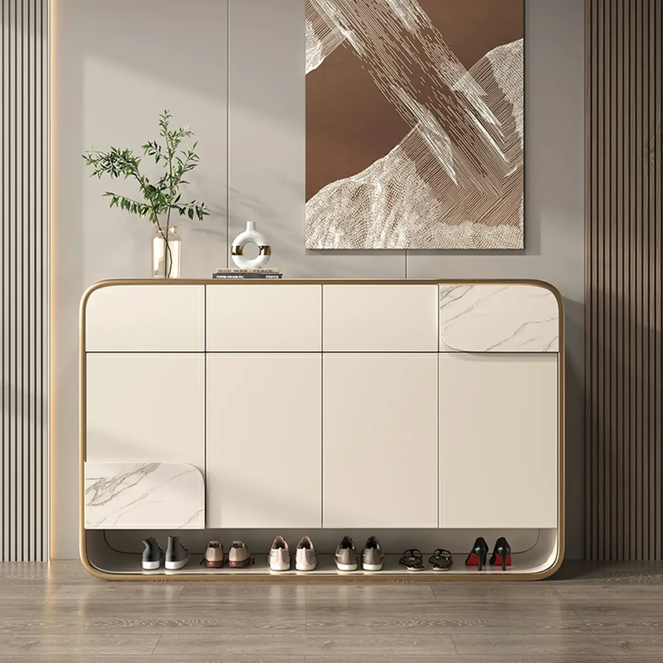 White Solid Wood Shoe Cabinet with Drawers for Entryway