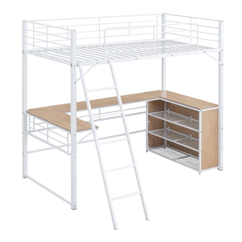 Twin Size Metal Loft Bed with L-shaped Desk and 3 Layers of Shelves, Reversible Ladder