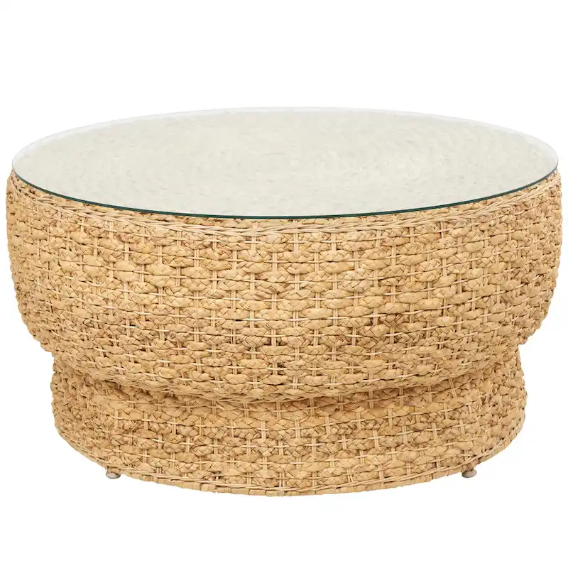 Rattan and Seagrass Handmade Woven Tapered Coffee Table or Accent Table with Glass Top Brown Roche River Decor