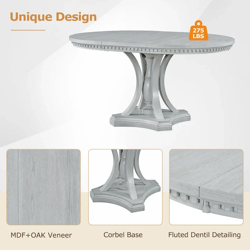 Antique Gray Retro 5-Piece Wooden Dining Table Set with Extendable Round Table & 4 Chairs