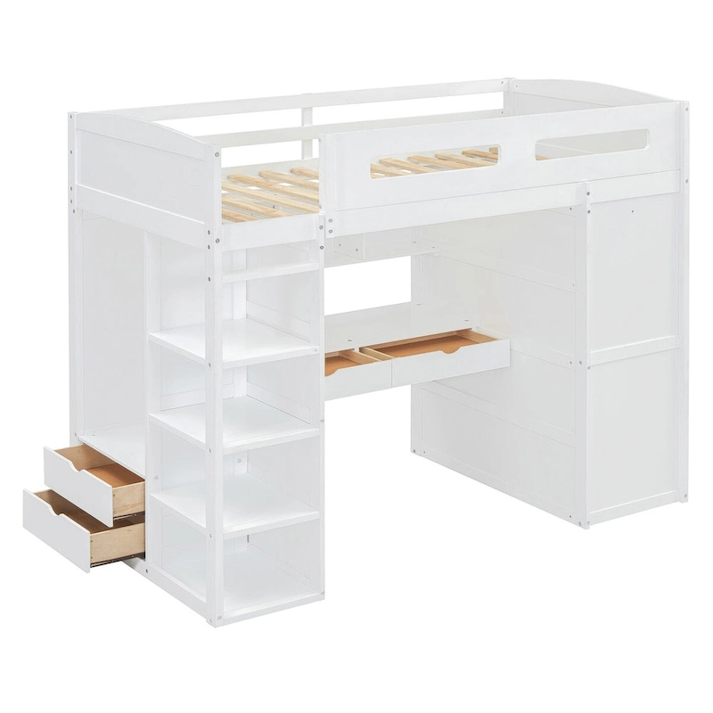 Merax Loft Bed with Desk, Wardrobes, 4 Drawers and 4 Shelves