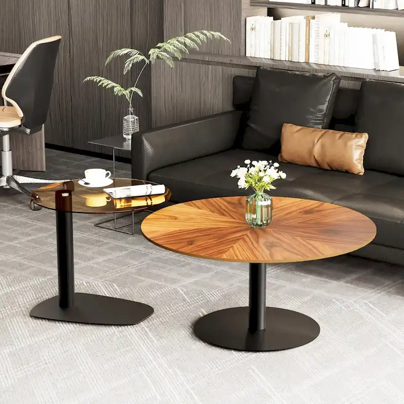 Set of 2 Modern Stacking Round Coffee Table Side Table Set with Slate Glass Top